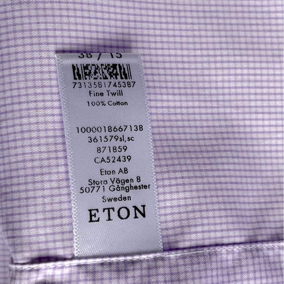 Eton Slim Fit Micro Check Dress Shirt Men's 38/15 Light Purple Spread Collar L/S - Picture 8 of 8